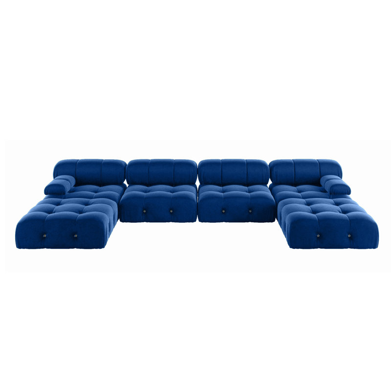 Cylar 138.6'' Wide Velvet Reversible Modular Sofa & Chaise with Ottoman, Blue Velvet