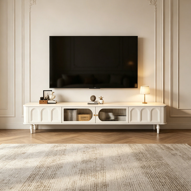 Console télé de style rétro avec rangement, H 18,11 po x L 70,86 po x l 15,74 po, Blanc