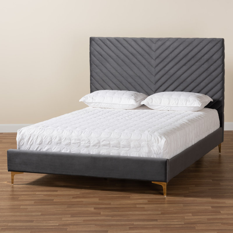 Gray Velvet Upholstered Queen Bed with Chevron Tufted Headboard