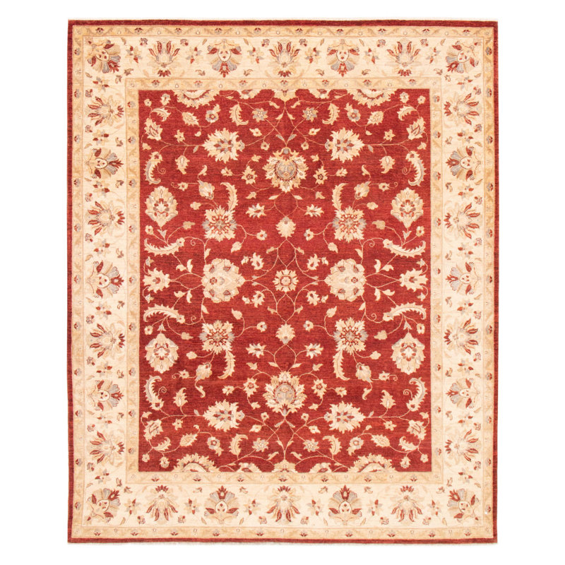Tapis rouge / brun / crème en laine noué à la main de conception unique 8 pi 3 po x 9 pi 9 po Chobi Finest