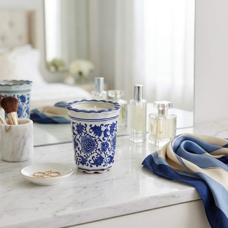 Bougie décorative en jasmin en céramique pour bibliothèque - Décoration moderne pour table basse, chambre à coucher ou décor de salon - 5 po, bleu et blanc