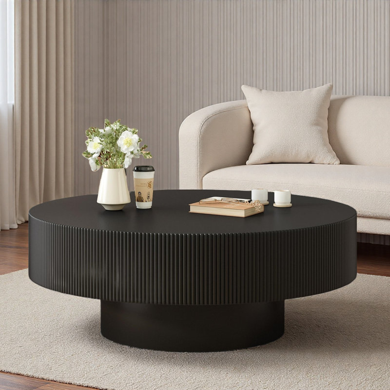 Table basse avec motif cannelé et plateau de table rond, Noir