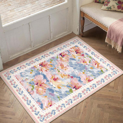 2x3 Ft  Washable Area Rug For Entryway Pink  Floral Abstract Soft Throw Rug Modern Non Slip Low Pile Small Carpet For Kitchen Bathroom Living Room Bedroom