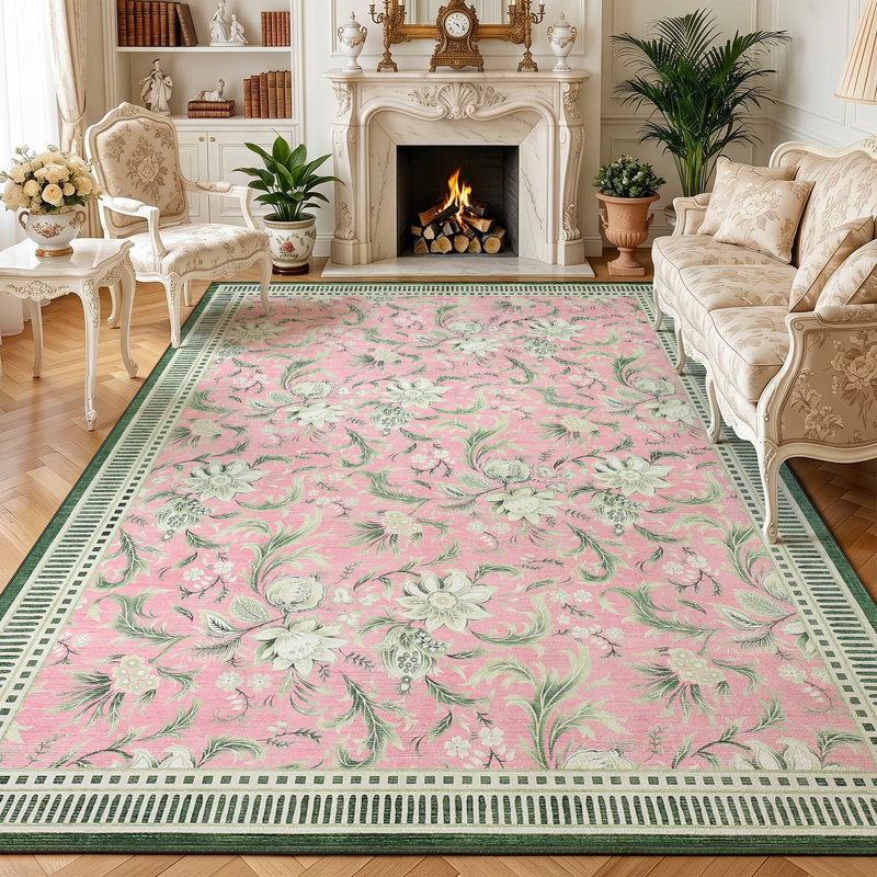 Washable Area Rug, 8x10 Floral Soft Rug for Living Room, Non Slip Low Pile Carpet for Living Room, Bedroom, Dining Room, Pink