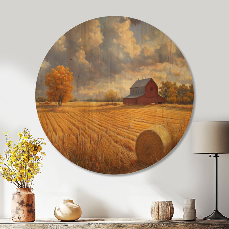Golden Barn Harvest Fields - Art mural rond en bois rustique, 23" Round, Round