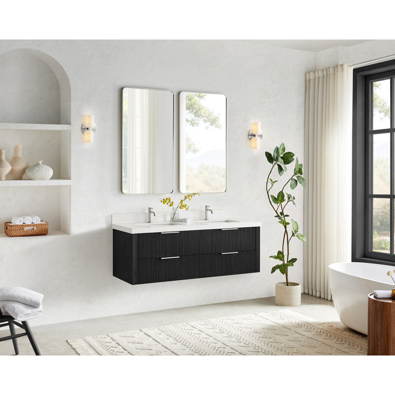 Barcelona 60" Floating Double Bath Vanity in Oak Weathered Black with White Quartz Stone Top, 60"