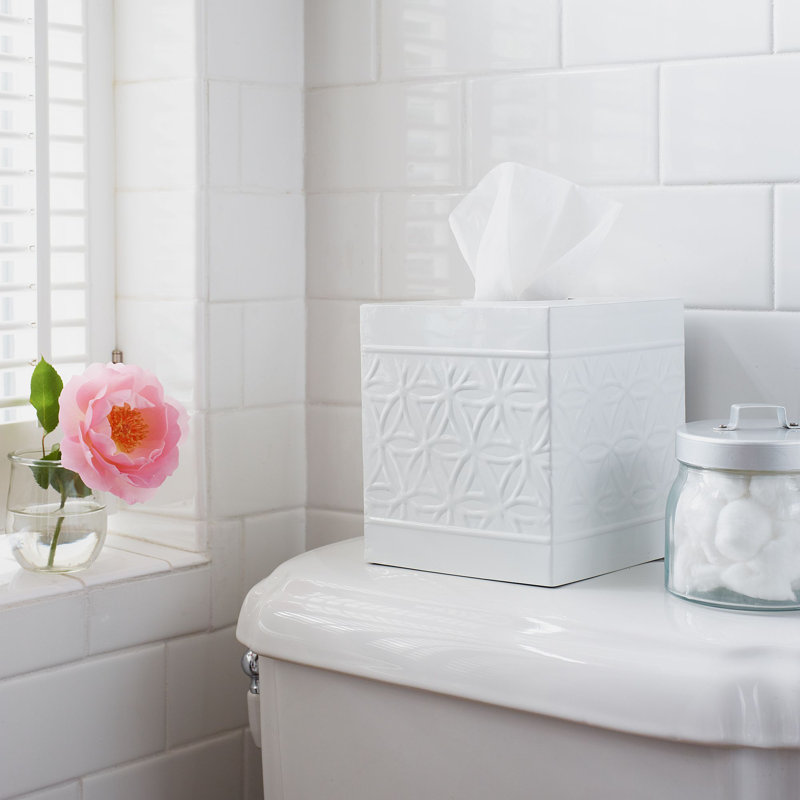 Glossy White Embossed Metal Square Tissue Box Cover