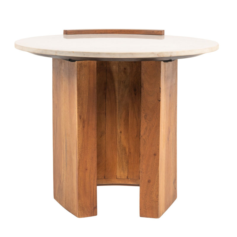 Round Marble and Mango Wood Semi-Enclosed Side Table in Natural