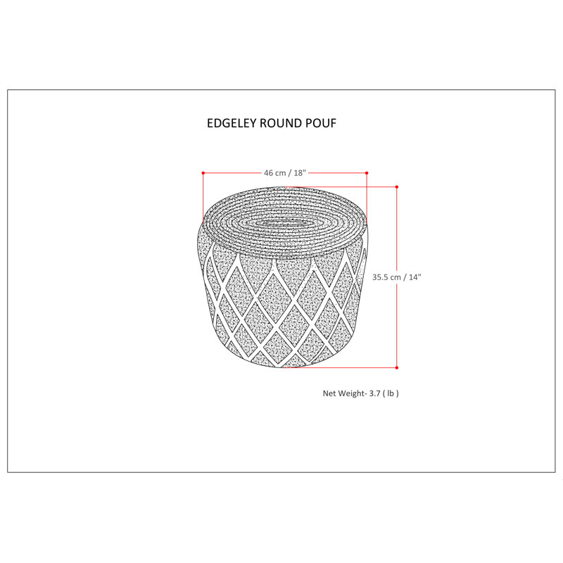 Edgeley 18"W Jute and Cotton Round Pouf with Diamond Pattern, Gray/Natural