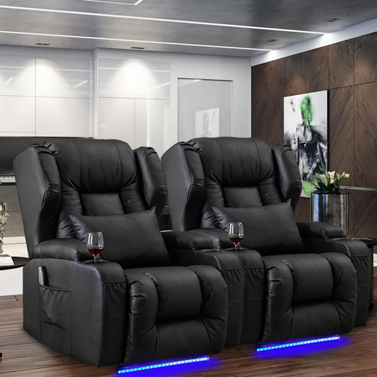 Black Leather Pillow Top 2-Seat Home Theater Recliner W/ Push-Back Chair  Sillon