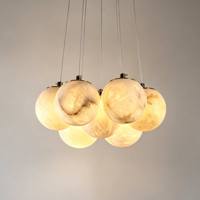 Modern Globe Alabaster Natural Marble Chandelier, 7 Light Ceiling Pendant Lighting Fixture for Bedroom, Living Room, Kitchen Island, Foyer Entryway