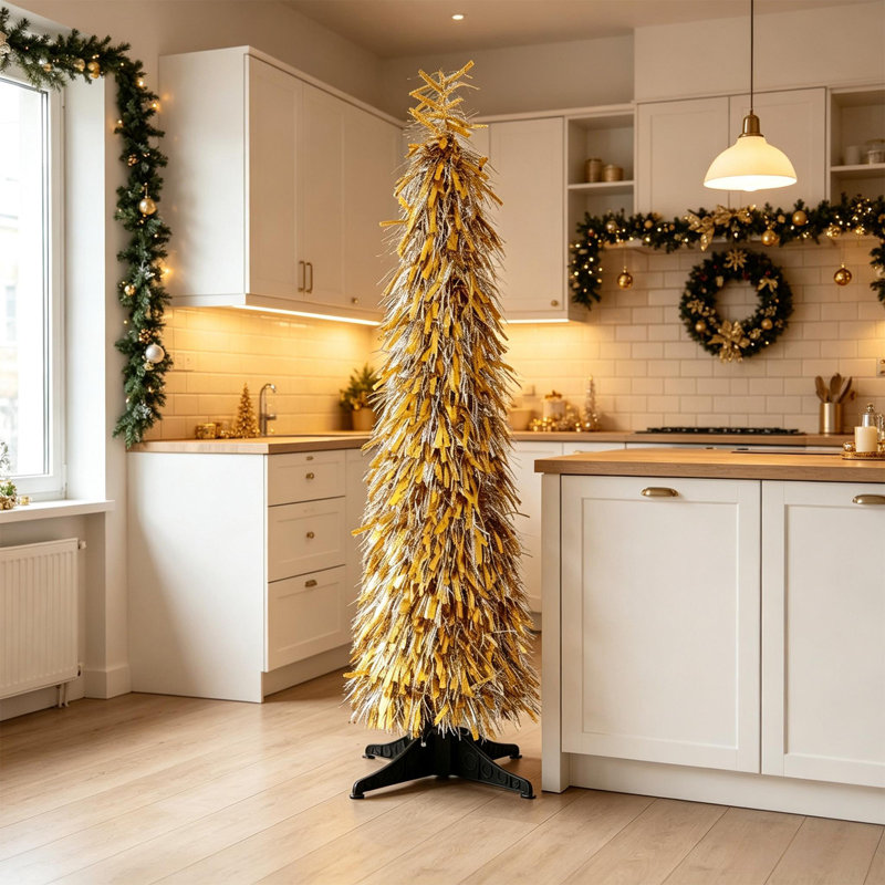 Sapin de Noël pliable et lumineux de 1,5 m, en forme de crayon, avec 50 lumières DEL blanc chaud et base pliable, disponible en 2 couleurs.