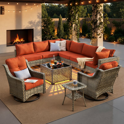 Ensemble de conversation modulaire en osier / rotin pour 8 personnes avec table basse éclairée et chaises pivotantes, ensemble de conversation modulaire d'extérieur avec coussins Emroy