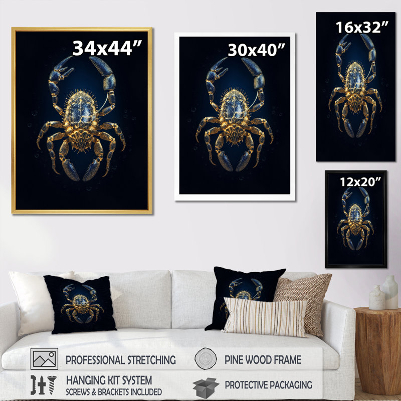 Exquis Scorpion doré sur bleu I - impression, Cadre flottant doré, H 32 po x l 24 po x P 1 po