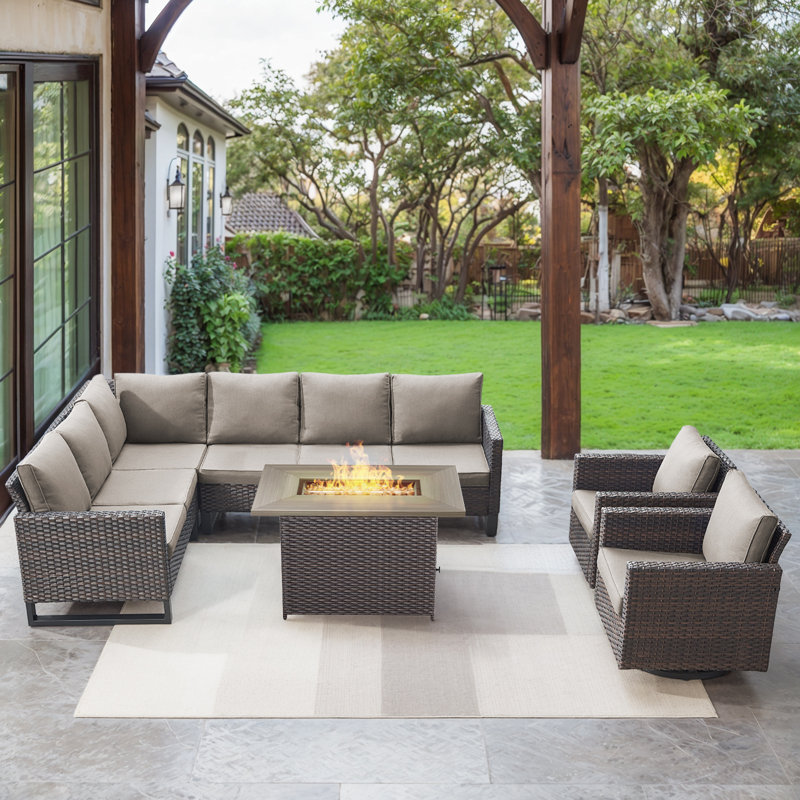 Ingvald 8- Person Outdoor PE Wicker Patio Conversation Set with Fire Pit and Cushions, Brown, Gray