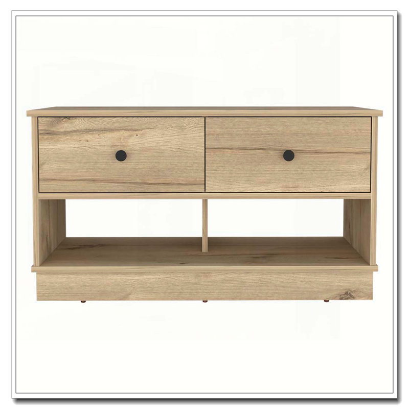Light Oak Rectangle 2-Shelf 2-Drawer Storage Bench, Light Oak