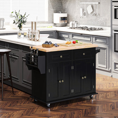 Black Kitchen Island With Extra Worktop Space, Has Rubberwood Countertop, Spice Rack, Towel Rack And Drawers Rolling In Black. Organize Drawers, Cabin