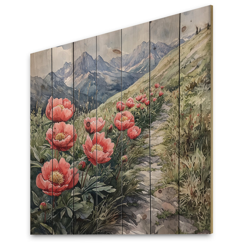 Pivoines et pics d'été Mountain IV - Décoration murale en bois pivoines - sur bois de pin naturel