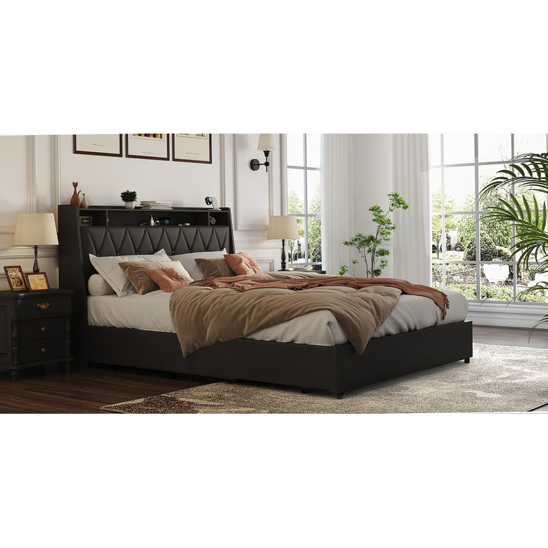 Base de lit double, tête de lit ergonomique, plateforme, prises, chargeur, tablette de rangement, Noir, noir, noir, noir