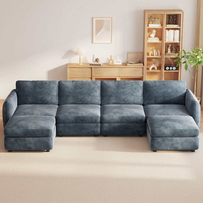 6-Seat Modular Sectional Sofa with Storage Ottomans, Blue, Living Room, 6