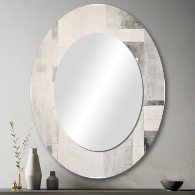 Grey White Platinum Parallels I - Modern Oval Wall Mirror