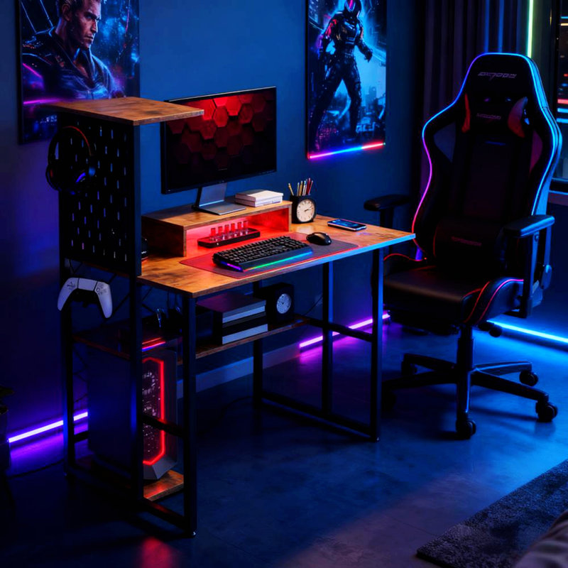 Computer Desk Table With Power Outlets And LED Lights For Home Office | Gift Idea, Rustic Brown/Black