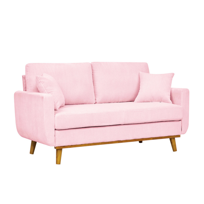 Pink Mid - Century Corduroy 2 Seater , Solid Wood Frame, Flared Arms And Two Matching Throw Pillows For Small Apartments With Clean Lines, Tapered Walnut Finish Legs Decorative Compact