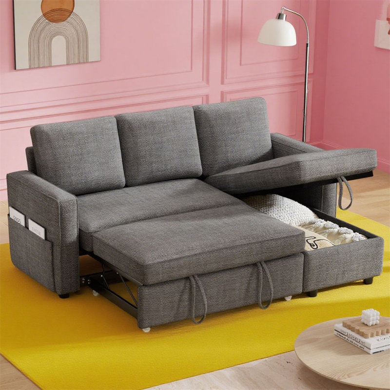 81" Sleeper Sofa Bed, 2 In 1 Pull Out Couch With Reversible Storage Chaise, Sectional L-Shaped Couch Sofa Sleeper With Side Pockets, Tool-Free Assembly
