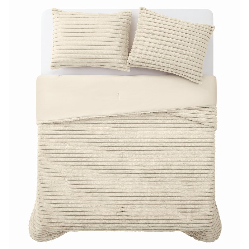Frye Channel Stitch Velvet Comforter Set, Queen Comforter + 2 Queen Shams, Ivory