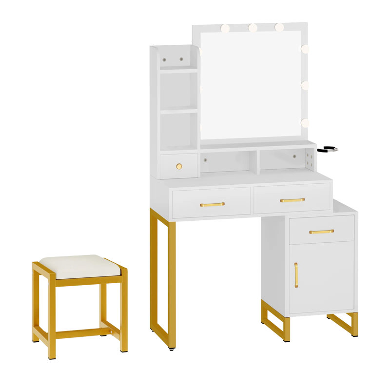 Ensemble de coiffeuse avec miroir lumineux à maquillage, Blanc