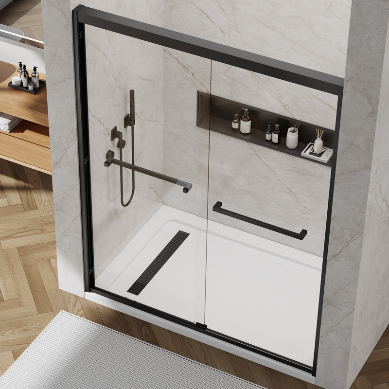 56-60 In. X 76 In Double Sliding Shower Door, 5/16 In Clear Tempered Glass with Nano Coating Easy-clean Matt Black, Black