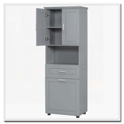 Armoire de rangement autoportante avec portes et tiroirs, panier à linge