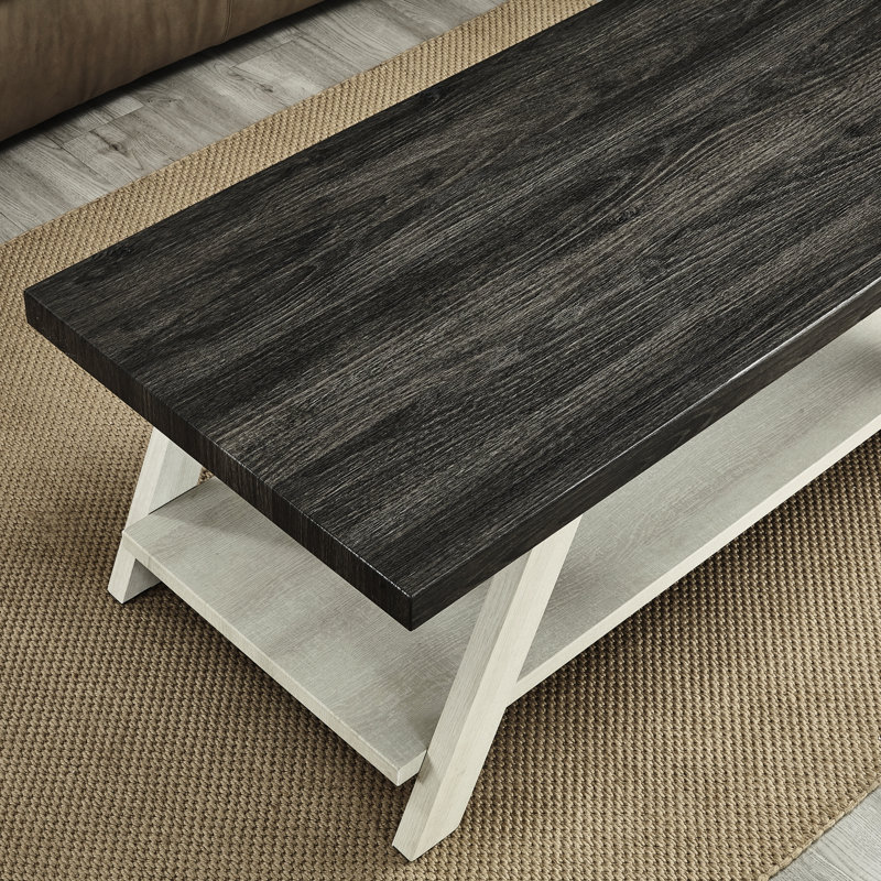 Table basse à plateau rectangulaire avec pieds évasés et tablette - H 48 po x H 19 po bicolore en bois manufacturé de qualité patinée