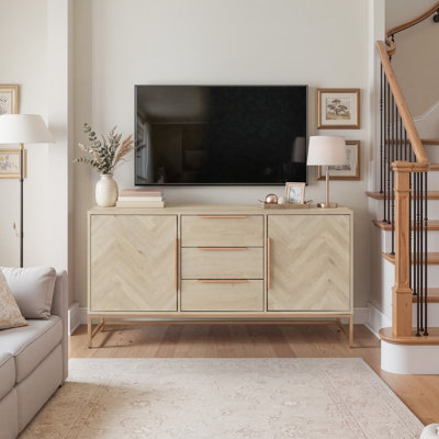 Meuble télé 63 po à chevrons moderne avec gestion des câbles et 3 tiroirs