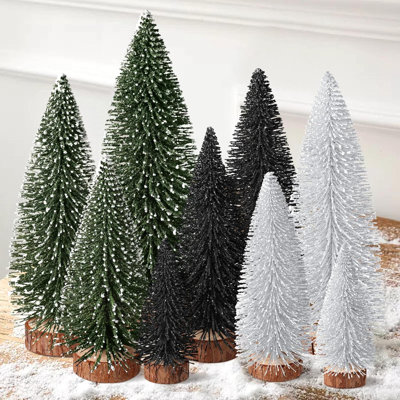 9 pièces de mini arbres de Noël, décorations de Noël artificielles avec 4 tailles, arbre de Noël, brosse, arbres de Noël, décorations de table de Noël (vert, argent, noir)