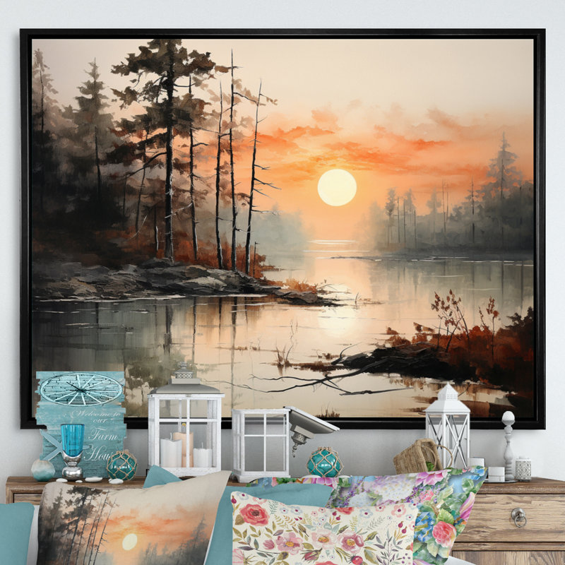 «Lake Misty Morning Reflections I - Lakes Lakehouse», art mural sur toile, H 30 po x l 40 po x P 1,5 po, Cadre flottant noir