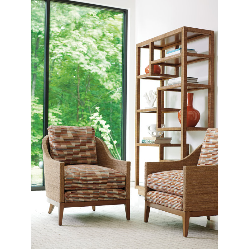 Sundrenched Tan and White Armchair with Wicker Square Arms