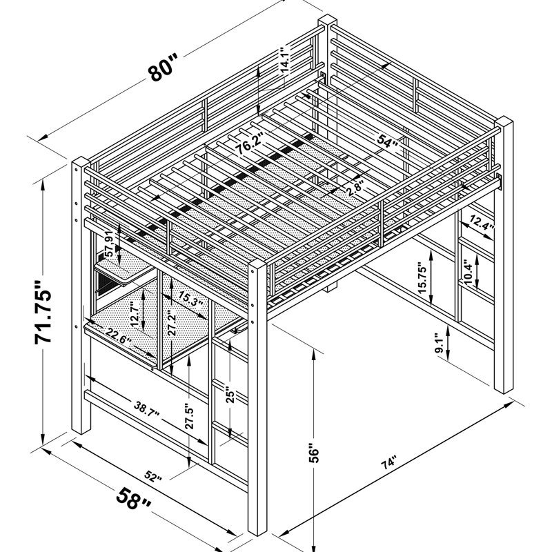 Lit mezzanine double en métal noir avec poste de travail intégré, espace et lit de poste de travail sécuritaire, avec barrières de sécurité complètes et accès pratique