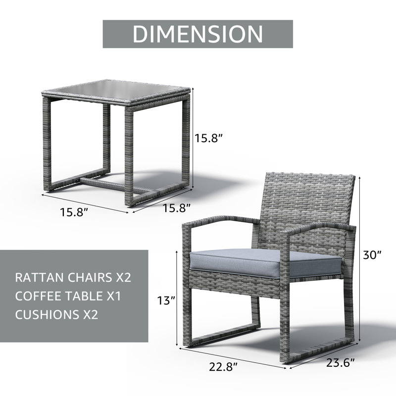 Ables Wicker 2 - Person Patio Conversation Set with Cushions, Gray Frame/Light Gray Cushion