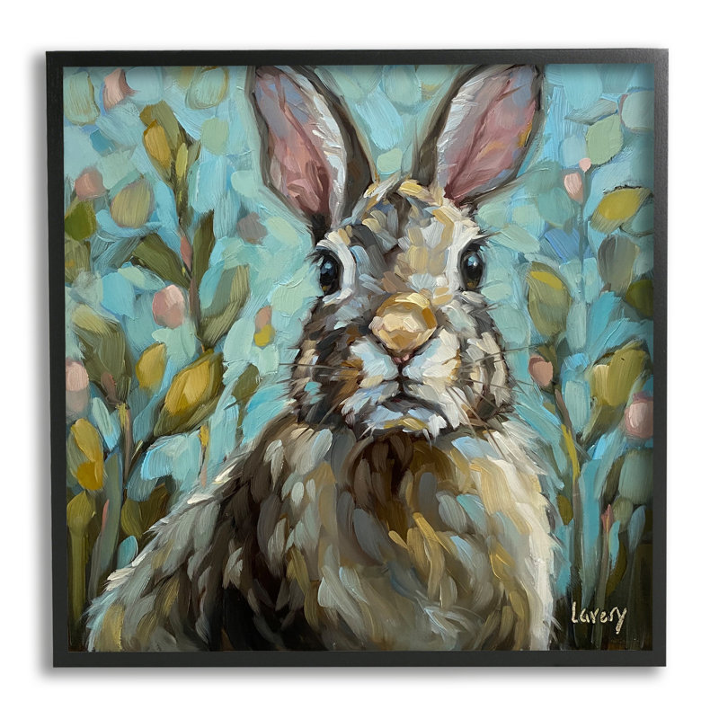 «Rabbit Portrait Botanical Blooms», estampe numérique encadrée par Andrea Lavery, Giclée encadrée noir minuit