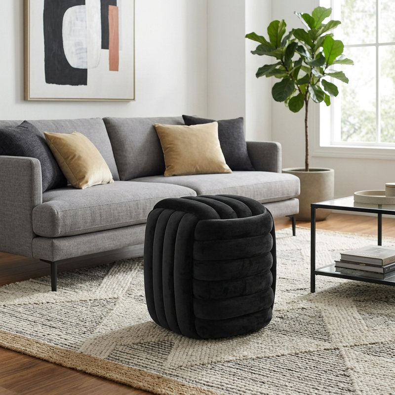 Modern Velvet Cube Knot Accent Stool with Layered Cushion Design - Backless Vanity Stool or Foot Stool for Living Room and Bedroom - Stylish Home Decor Furniture with Soft Fabric Upholstery - Black