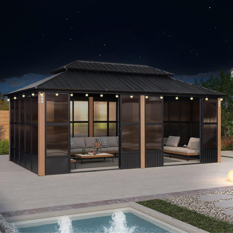 12' x 20' hardtop garden pavilion in mauve with aluminum solarium and detachable windows with 48' garland