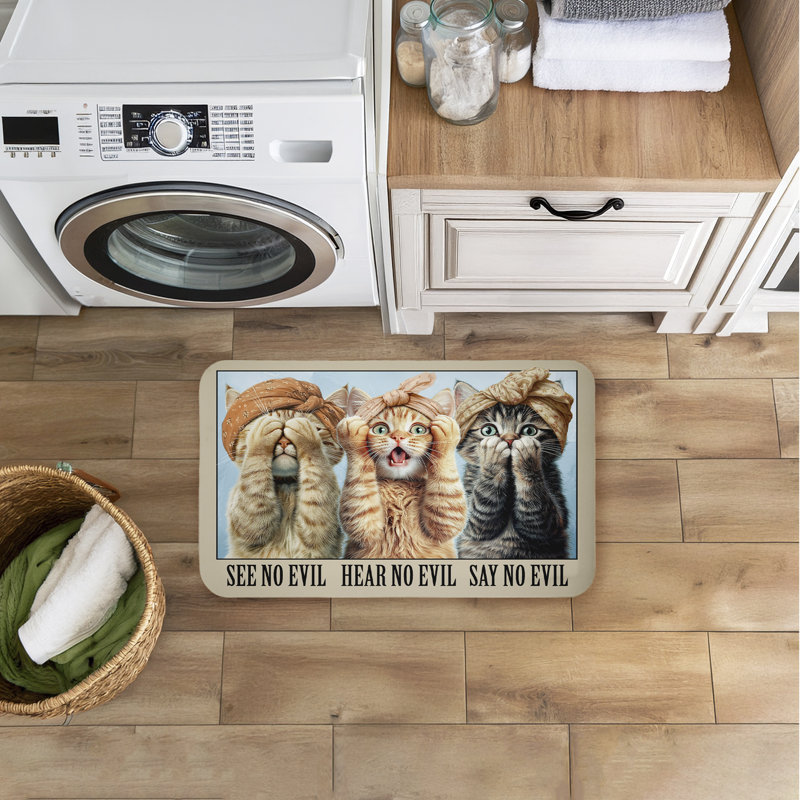 Tapis de sol anti-fatigue No Evil Cats Trio, design par Jim Baldwin, 30 po x 18 po, No Evil Cats Trio