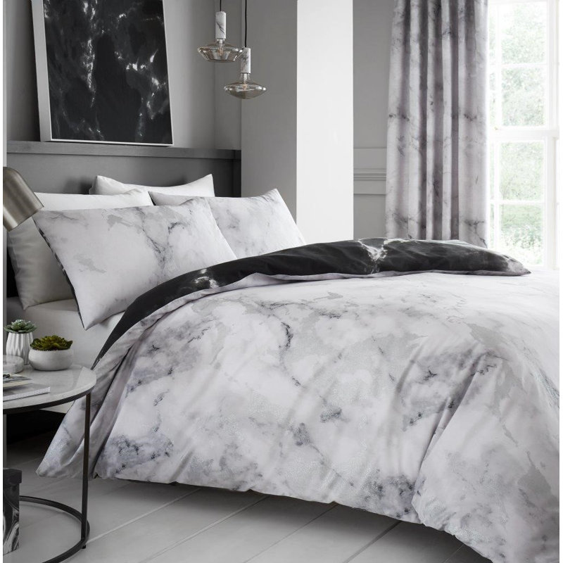 Marble Duvet Cover Set, Lightweight Polycotton Bedding with Matching Pillowcases, Single, Silver/White
