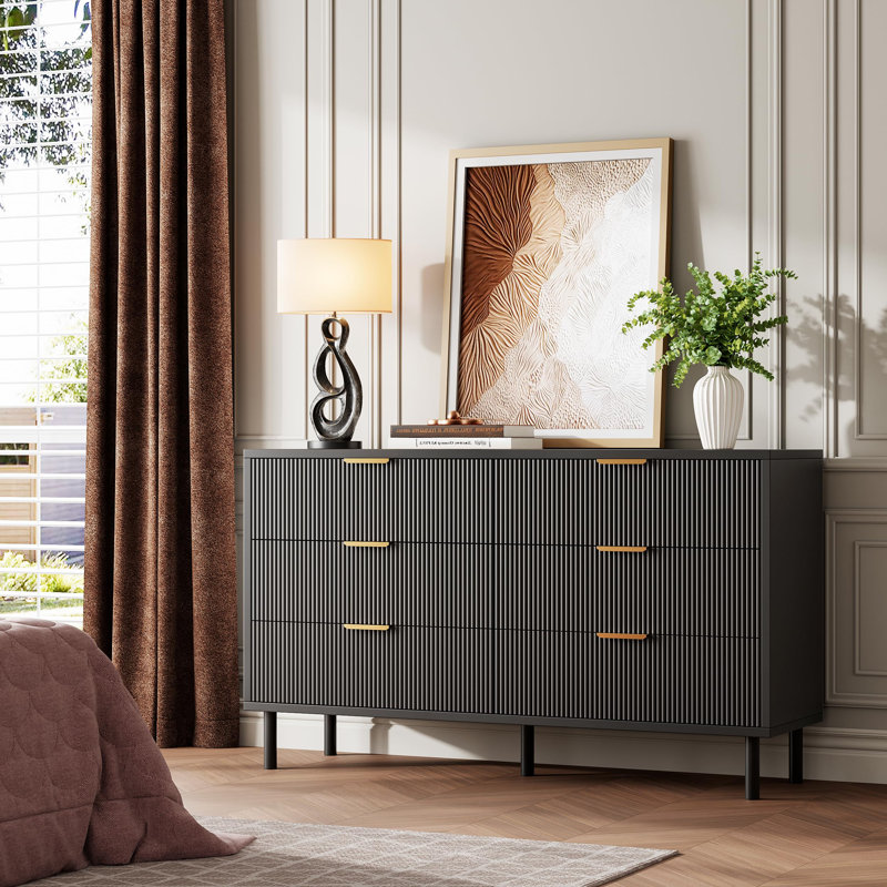 Wave Fluted 6 Drawer Modern Dresser with Metal Legs & Handles, Black Wood Storage Chest for Bedroom