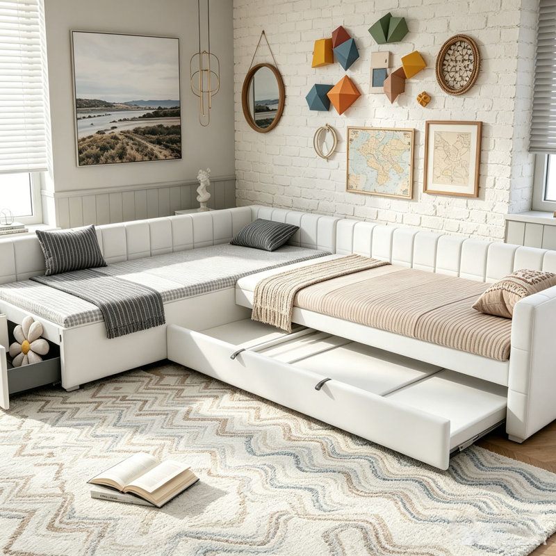 L-shape Upholstered Double Twin Size Daybed with Trundle and Drawer, Beige