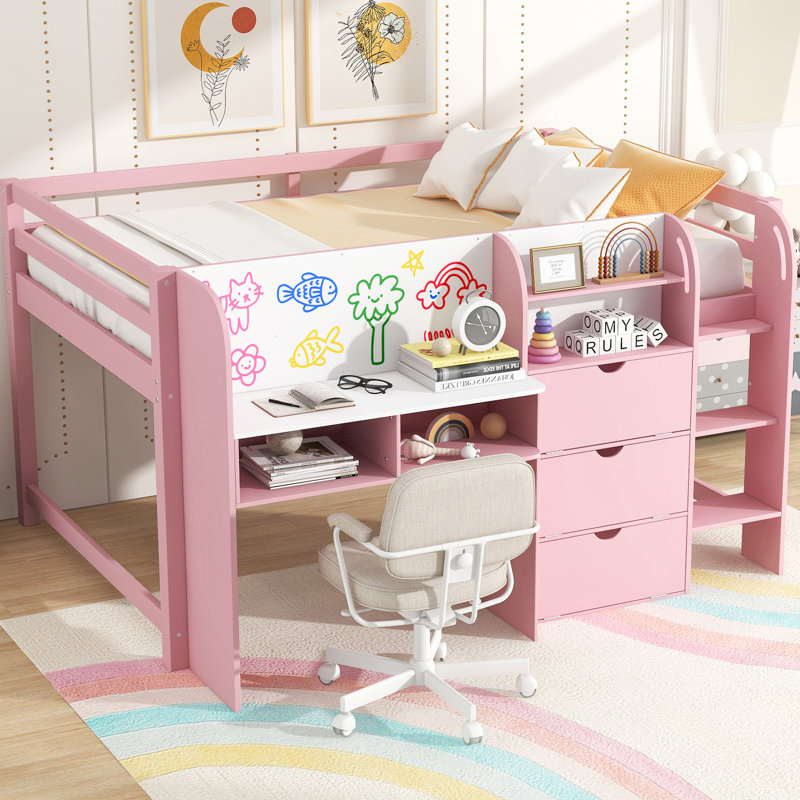 Full Low Loft Bed With Built-In Desk&Storage, Pink