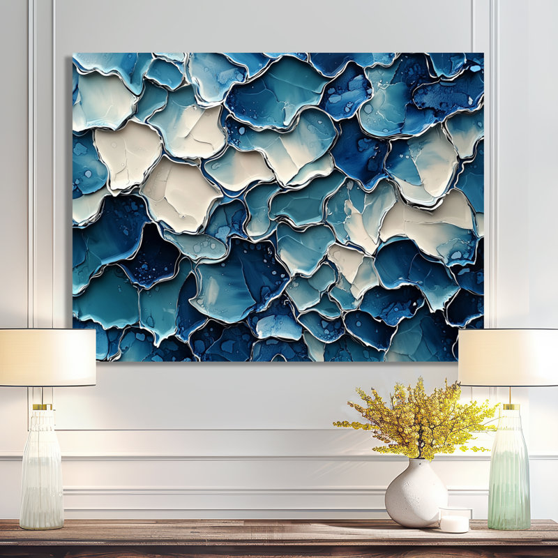 Décoration murale blanche et bleue «Silence Of Perception I» - Collages abstraits en métal, H 16 po x l 32 po