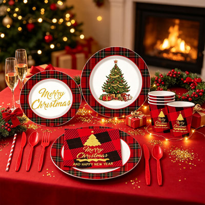 Christmas Decorations 10 Person Christmas Tree Print Disposable Dinnerware Set Paper Plates Cups Napkins Cutlery Straws Holiday Party Tableware Kit