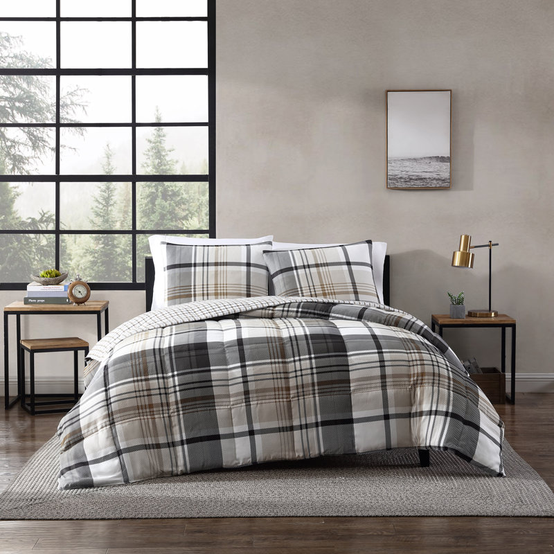 Twin Black and Tan Plaid Reversible Comforter Set